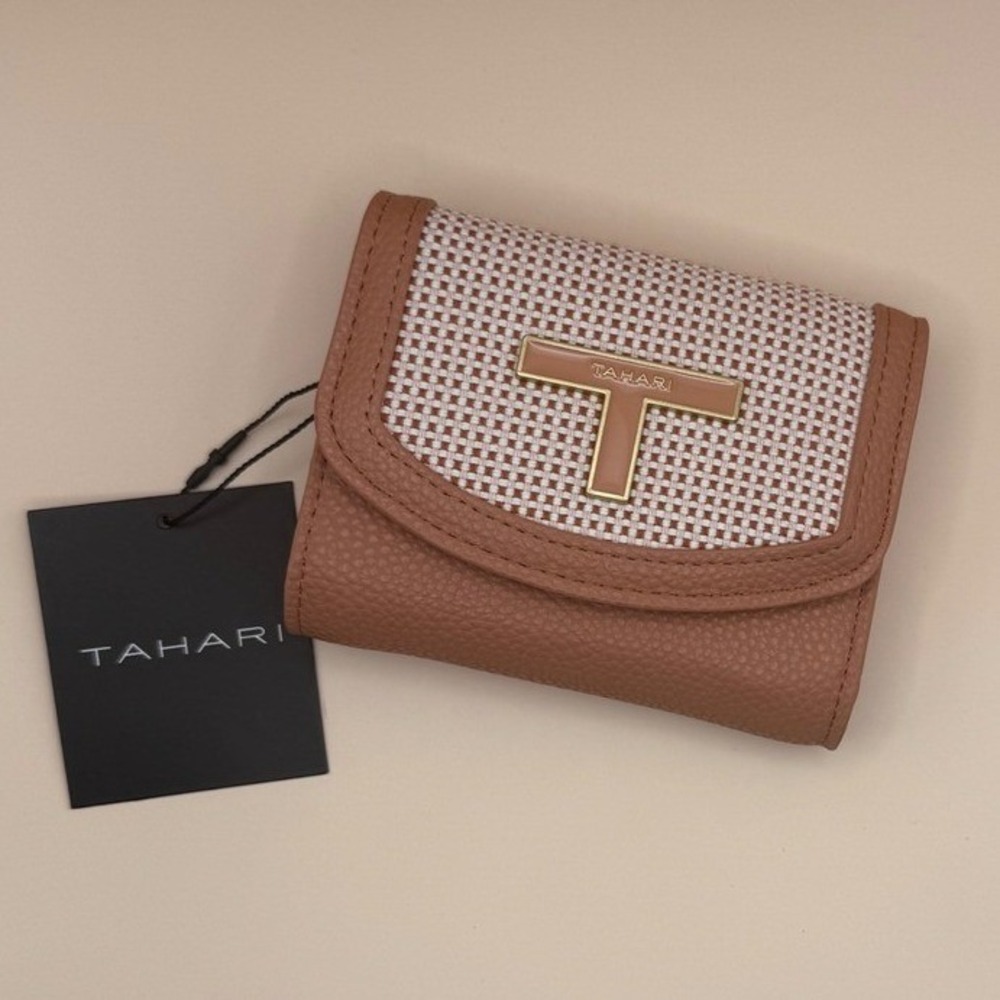 Tahari Zane Women Tan Pebble Faux‎ Leather Woven Trifold Wallet Terracotta NWT